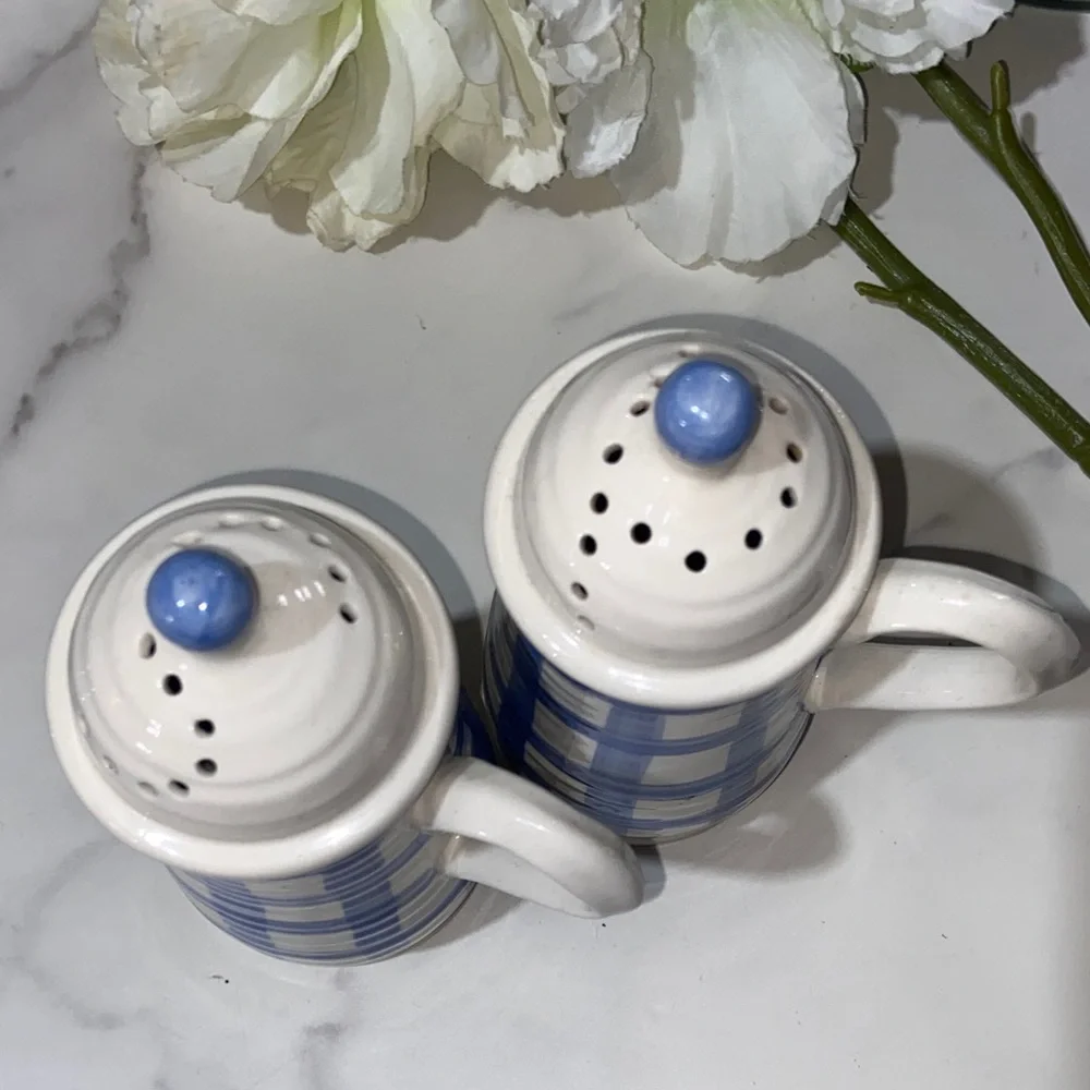 Country Living Blue and White Checkered Ceramic Salt and Pepper Shakers